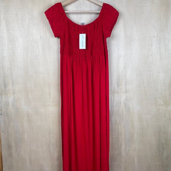 L4017 Oh! Mamma Maternity Off Shoulder Smocked Maxi Dress Size Large - Picture 1 of 7